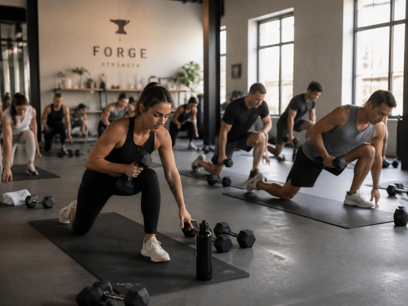 Group strength class training together in a modern gym
